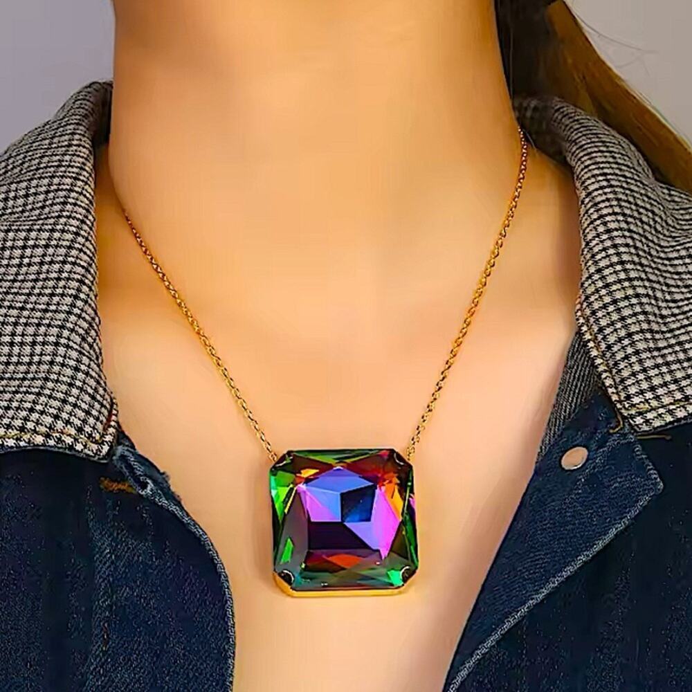 Gold Exaggerated Mystic Fire Silver Crystal Stone Necklace Boho Statement.